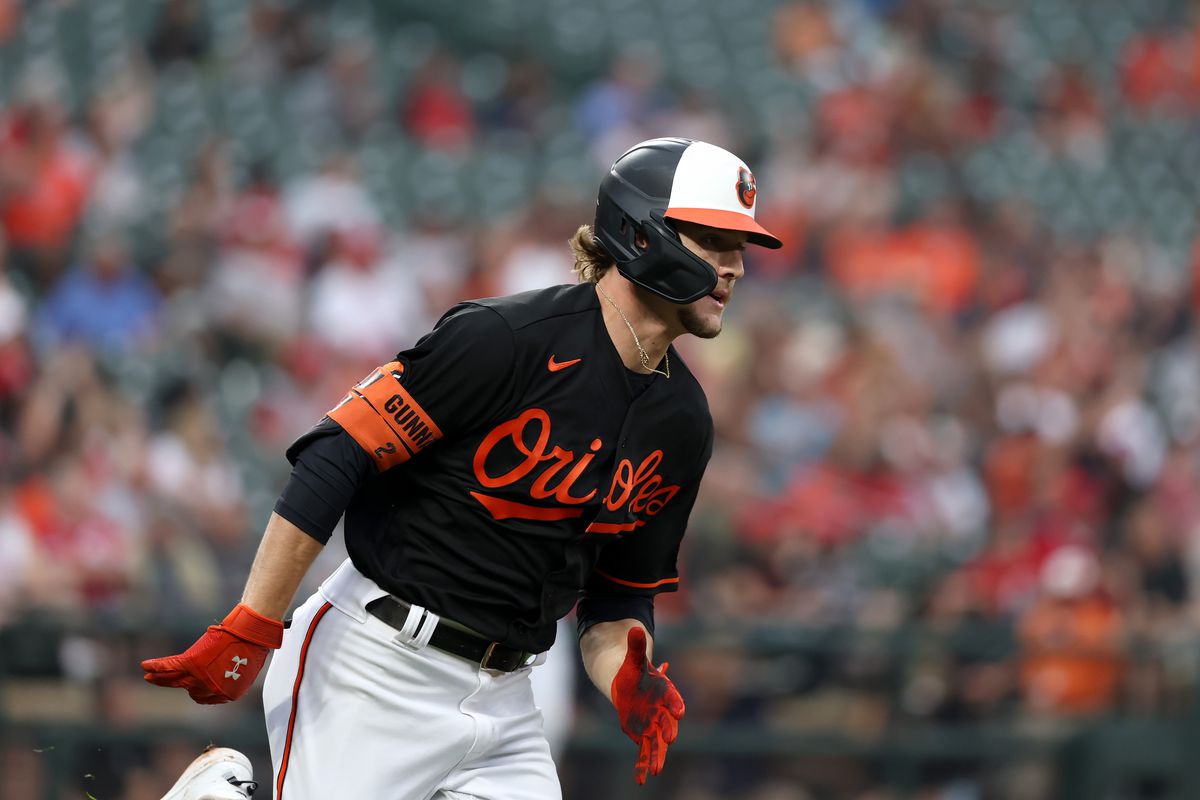 Gunnar Henderson #2 of the Baltimore Orioles rounds first base after hitting a three run triple against the Cincinnati Reds in the first inning at Oriole Park at Camden Yards on June 28, 2023 in Baltimore, Maryland.