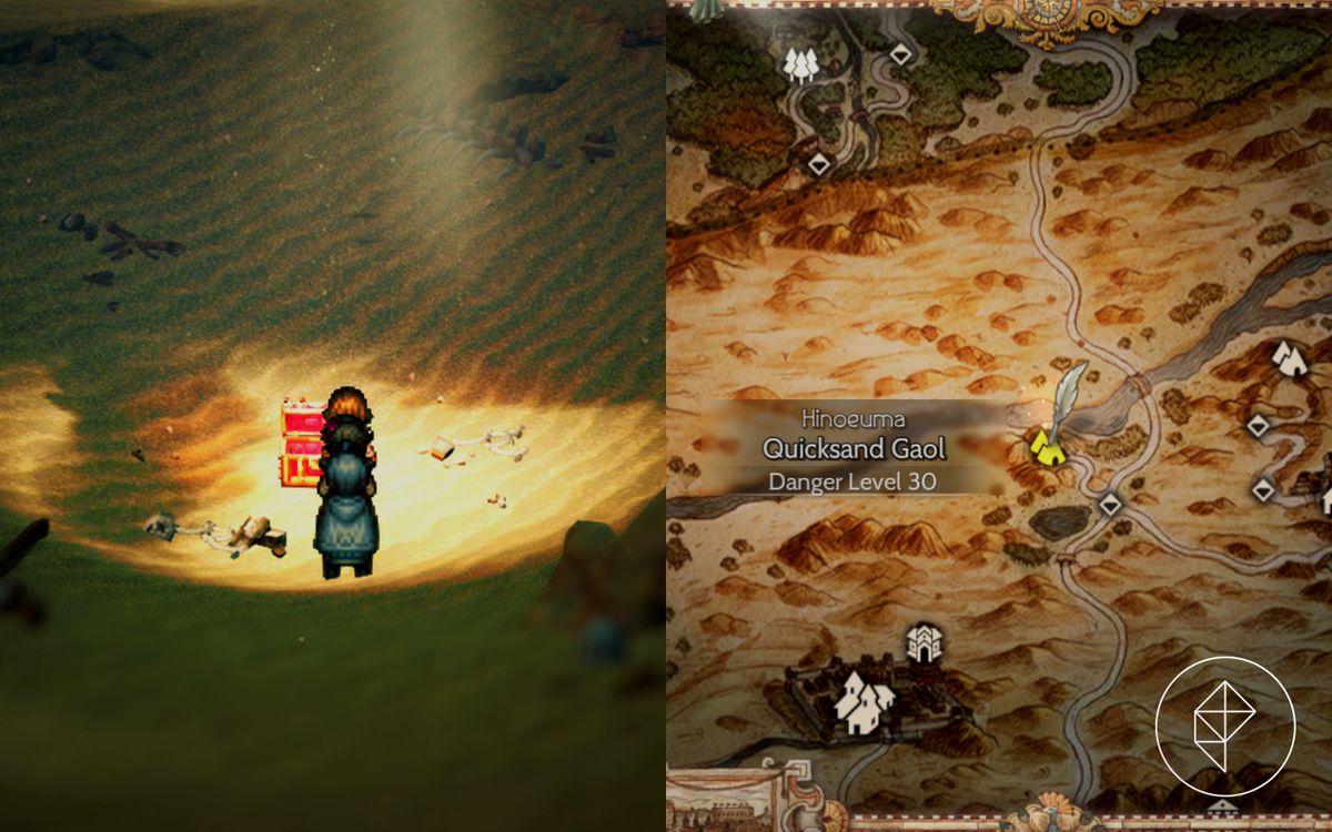 Several characters from Octopath Traveler 2 stand in a round dome of sand in front of an open chest