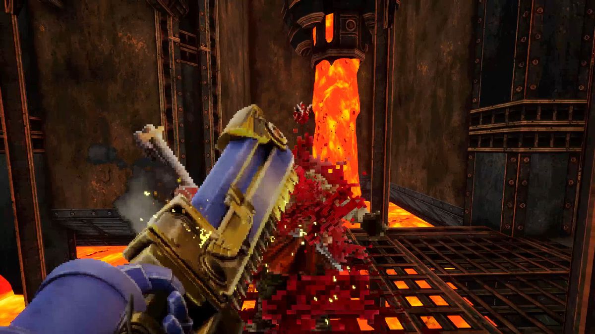 Warhammer 40K: Boltgun - The Ultramarine uses his chainsword to mow through an enemy who is now unrecognizable except for gore and bones.