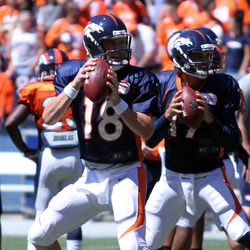Broncos QBs Peyton Manning and Brock Osweiler appear to be enjoying the day