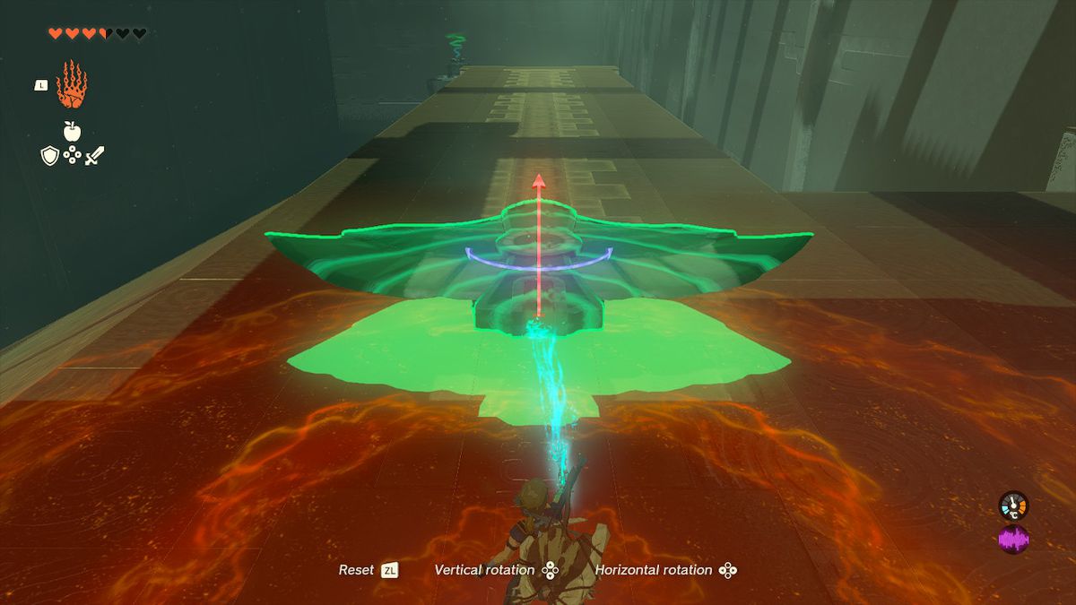 Link uses ultrahand to align a wing on a runway in the Jirutagumac Shrine in Zelda Tears of the Kingdom.