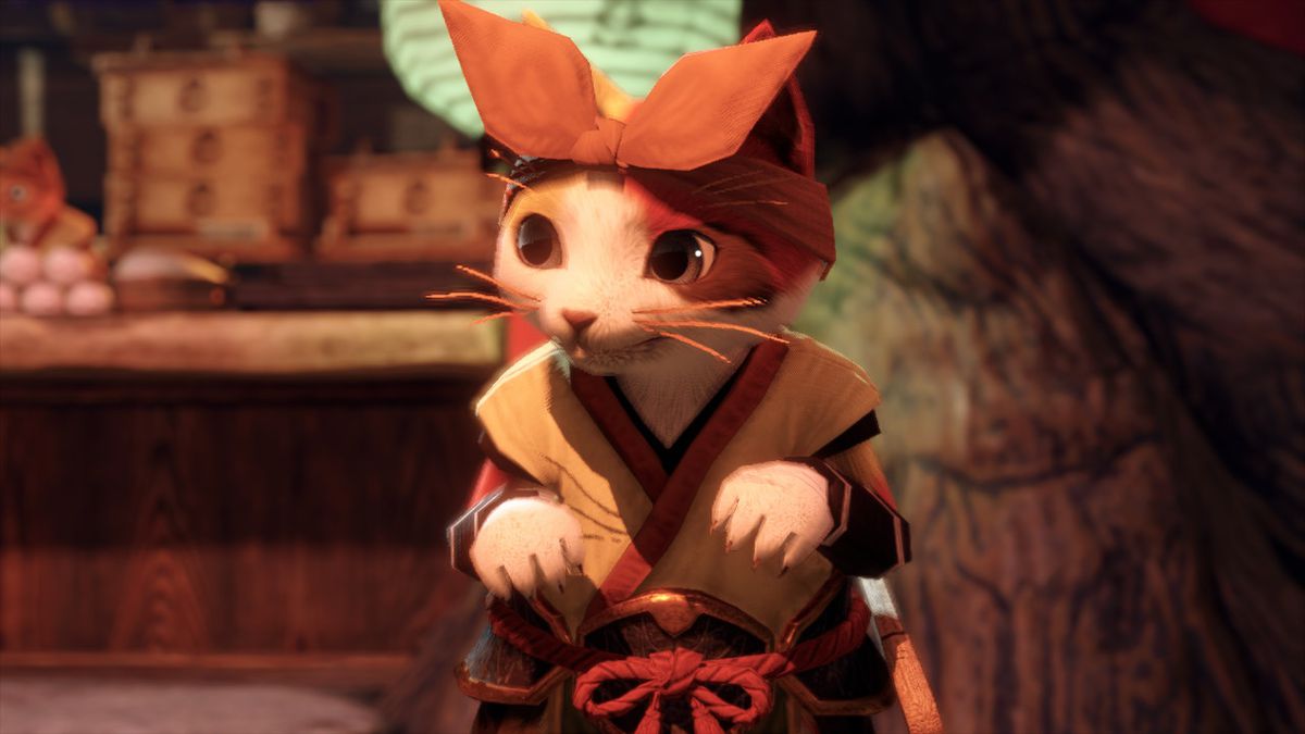 A pensive Palico from Monster Hunter Rise