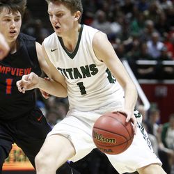 Olympus' Travis Wagstaff dribbles towards the rim at the 4A boys' basketball championship game against Timpview at the Huntsman Center in Salt Lake City, Saturday, March 5, 2016.