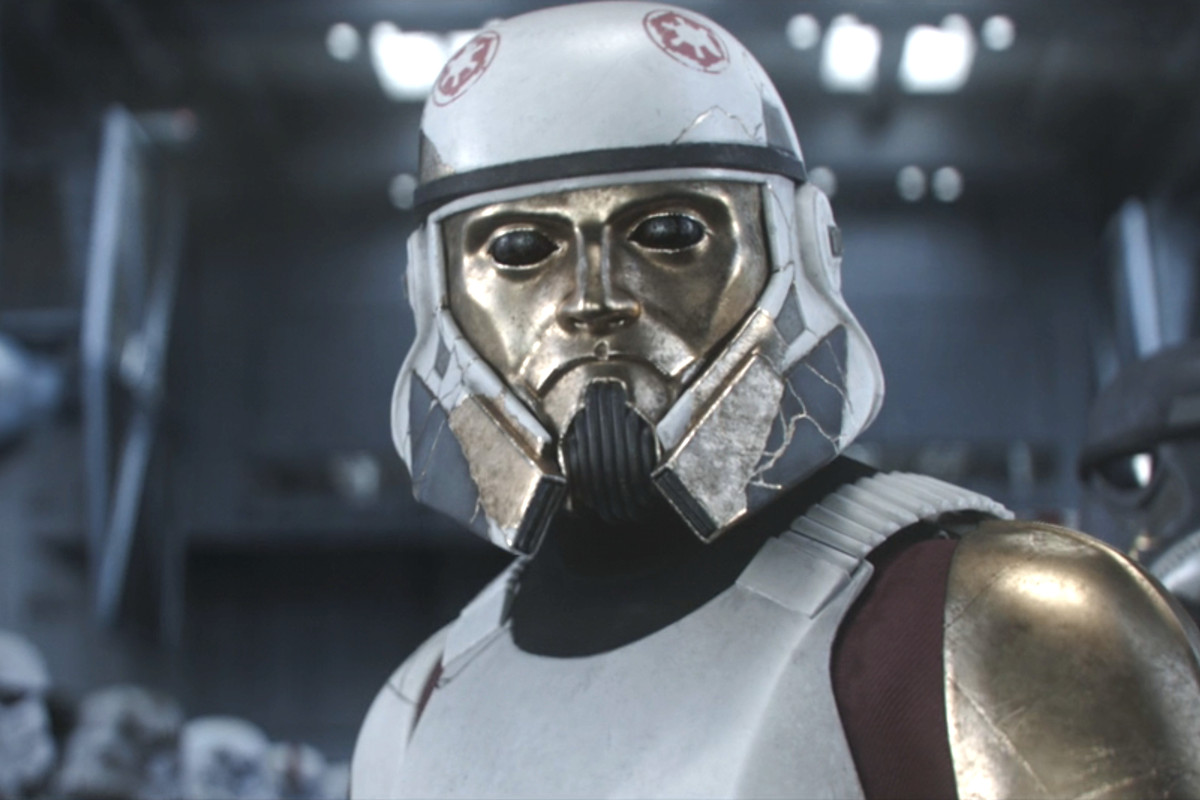 Enoch, a stormtrooper whose battered armor has been repaired with pieces of a gold-colored metal, including the faceplate of his helmet, which has been replaced with a gold mask depicting a semi-realistic human face in Ahsoka. 