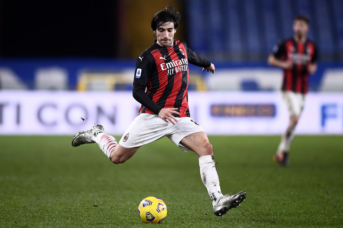 Sandro Tonali of AC Milan kicks the ball during the Serie A...