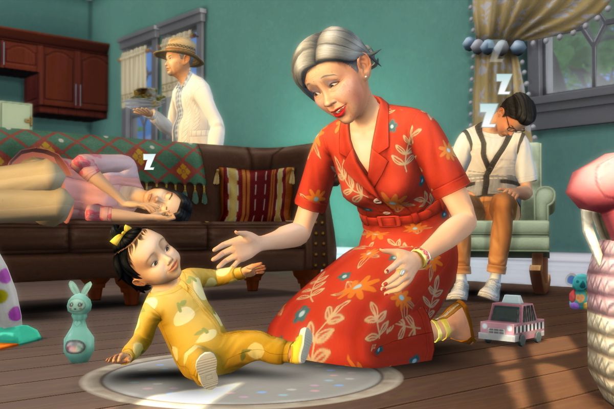 The Sims 4 - An older grandma Sim dotes over a baby Sim as a family goes about their daily life in the living room.