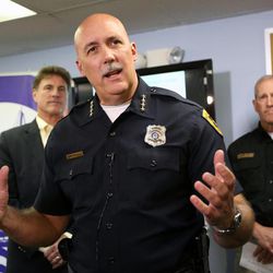 FILE - Salt Lake City Police Chief Mike Brown talks about progress that has been made during Operation Rio Grande during a press conference at Odyssey House in Salt Lake City on Tuesday, Aug. 22, 2017.

