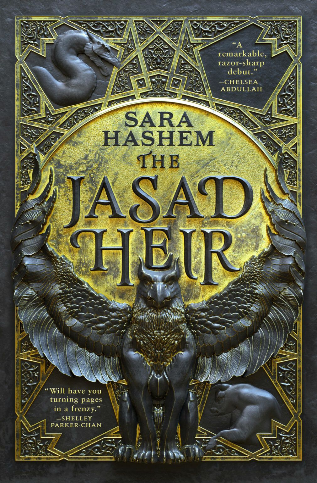 Cover image for Sara Hashem’s The Jasad Heir, featuring what looks like statues of a snake,, a bull, and a griffin.