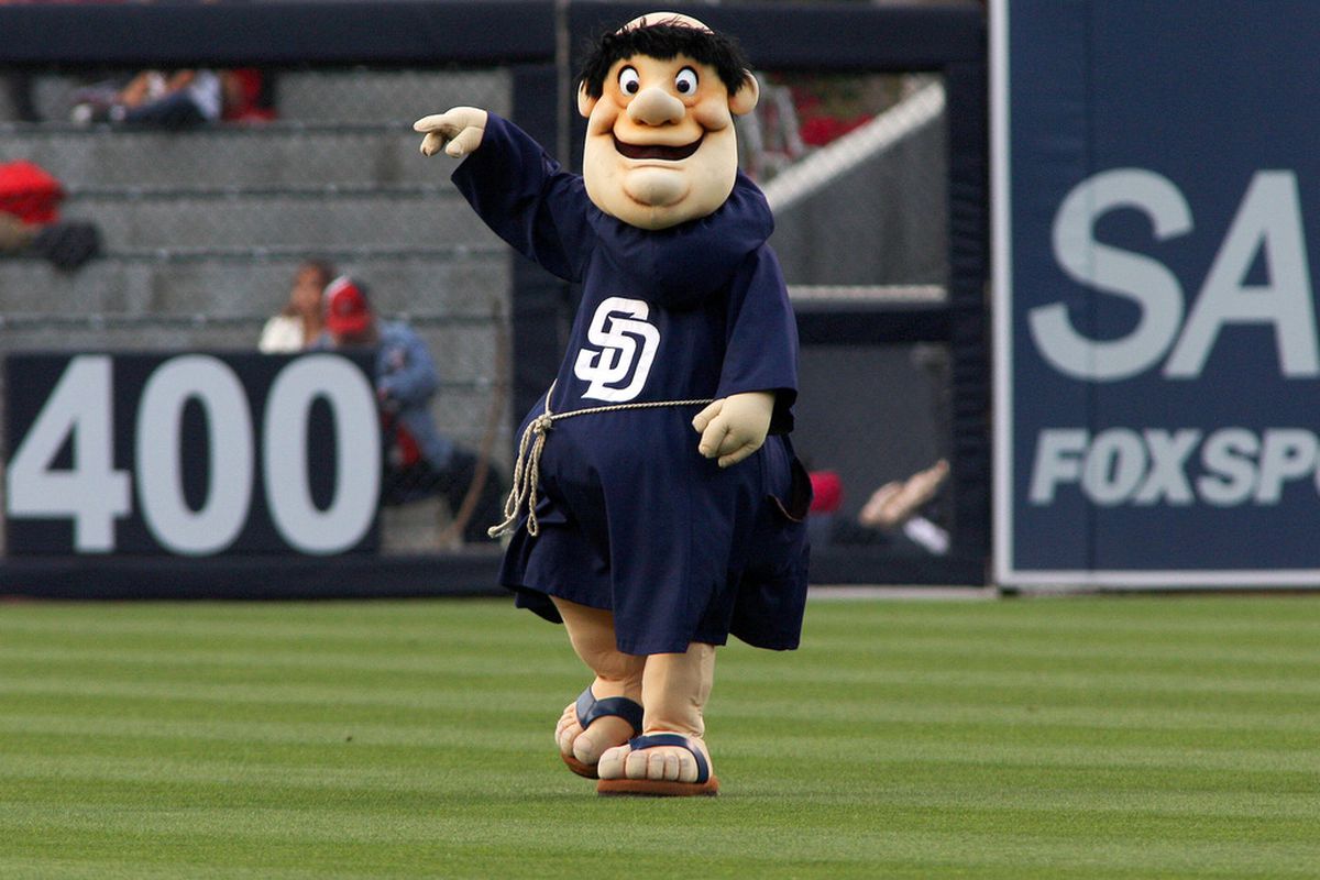 May 19, 2012; San Diego, CA, USA; San Diego Padres mascot The Swingin Friar before a game against the Los Angeles Angels at PETCO Park. Mandatory Credit: Jake Roth-US PRESSWIRE