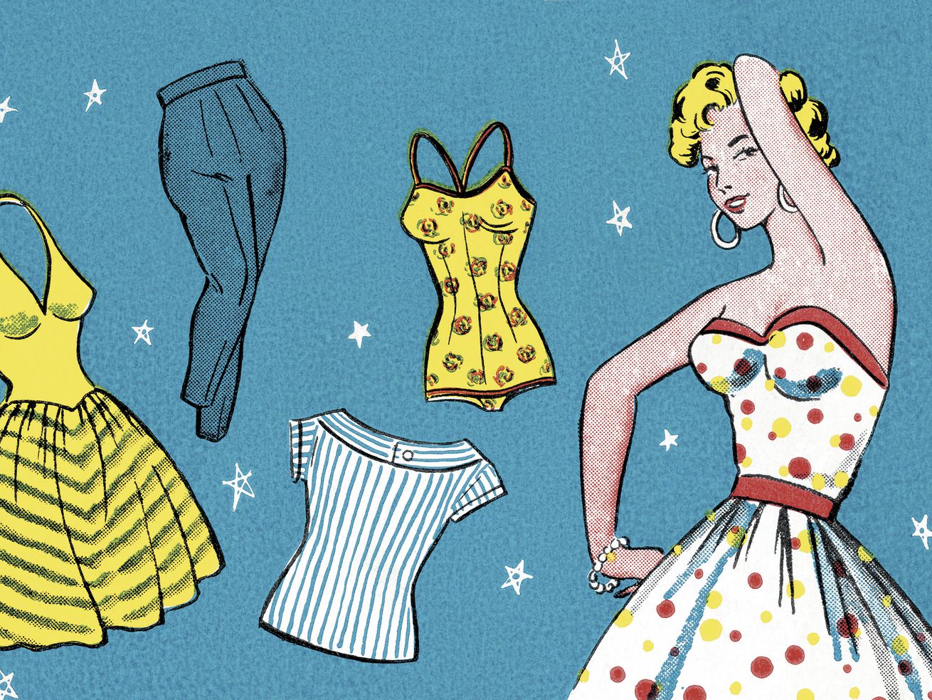 A vintage-like cartoon drawing of a woman in a strapless dress, next to various articles of clothing. 