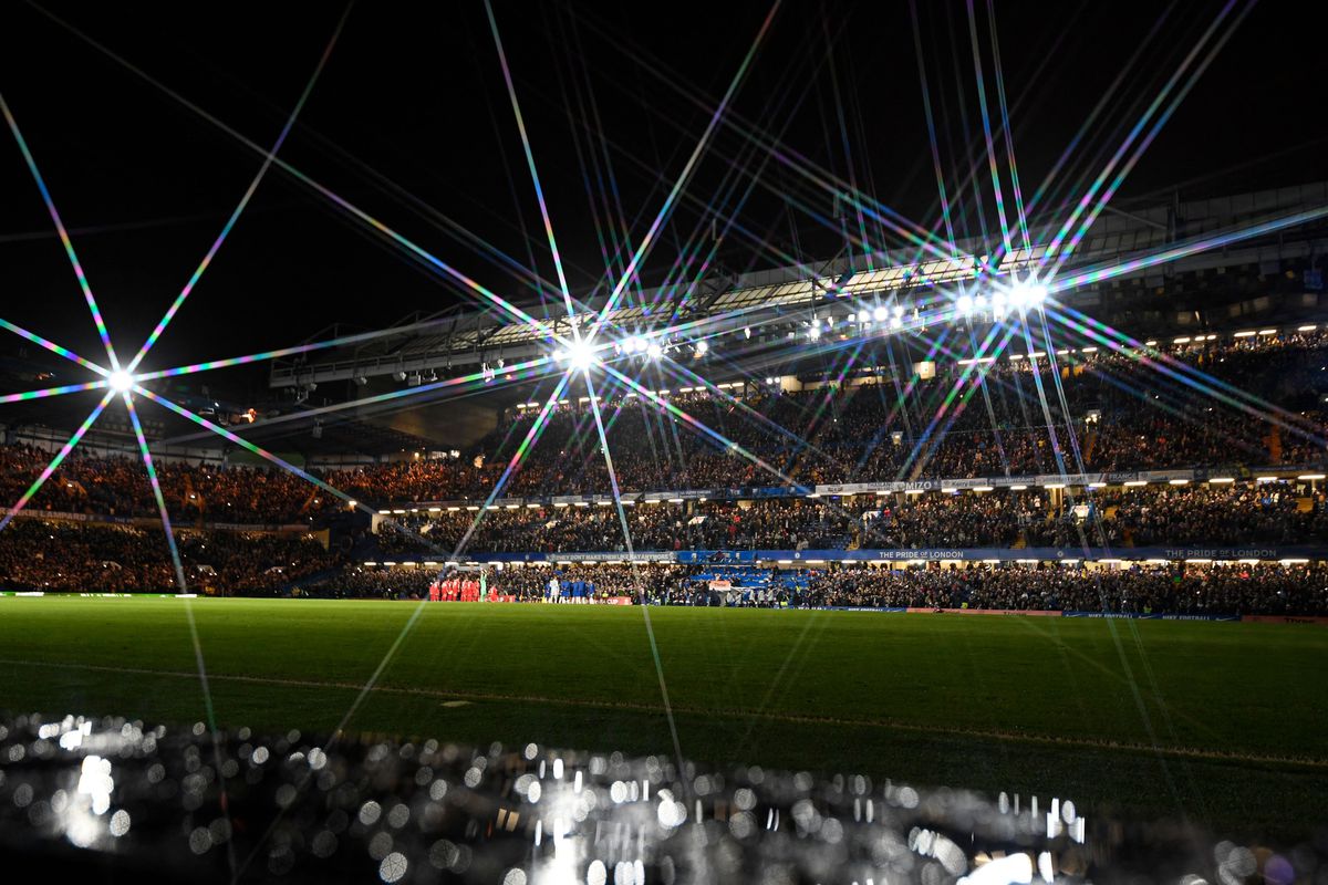 A filter on the lens makes the floodlight “starburst” in a general view ahead of the English FA Cup third round football match between Chelsea and Chesterfield at Stamford Bridge in London on January 8, 2022.