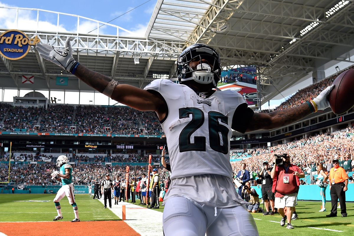 Philadelphia Eagles running back Miles Sanders scores a touchdown in the first half against the Miami Dolphins at Hard Rock Stadium.&nbsp;