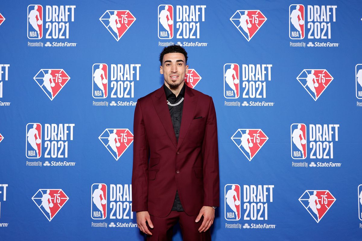 Chris Duarte poses for photos on the red carpet during the 2021 NBA Draft at the Barclays Center on July 29, 2021 in New York City.