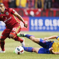 Real Salt Lake forward Joao Plata (10) competes for the ball with Colorado Rapids defender Eric Miller (3) during MLS action in Sandy Saturday, April 9, 2016.