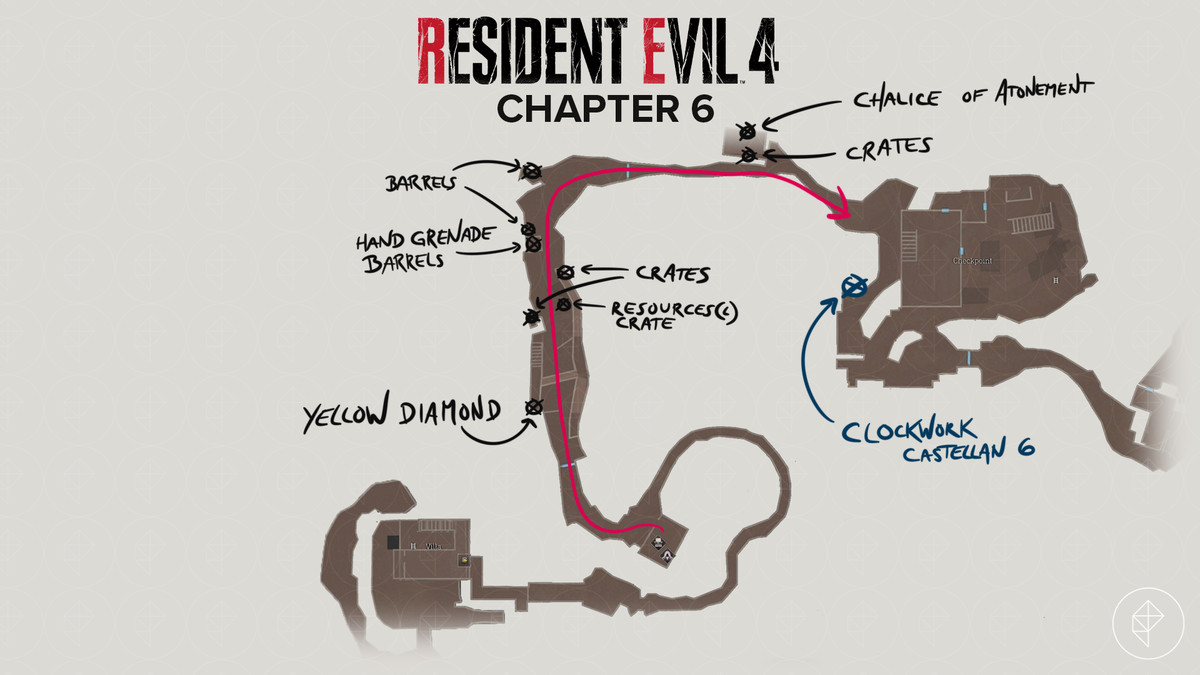 Resident Evil 4&nbsp;remake&nbsp;map from the Villa to the Checkpoint with items marked.