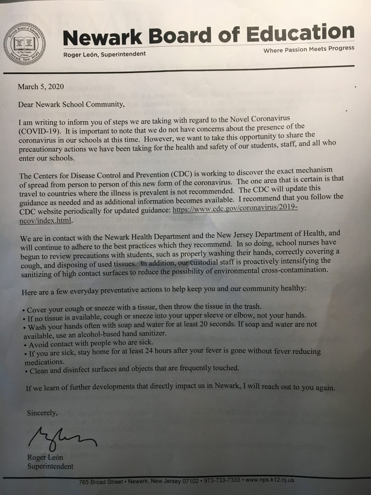 The letter distributed to Newark Public Schools students and employees on Thursday.