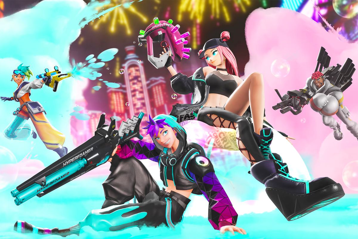 Artwork from Foamstars, featuring characters Soa, Agito, Tonix, and Jet Justice posing dramatically or sitting on bubbles, with blue and pink foam behind them