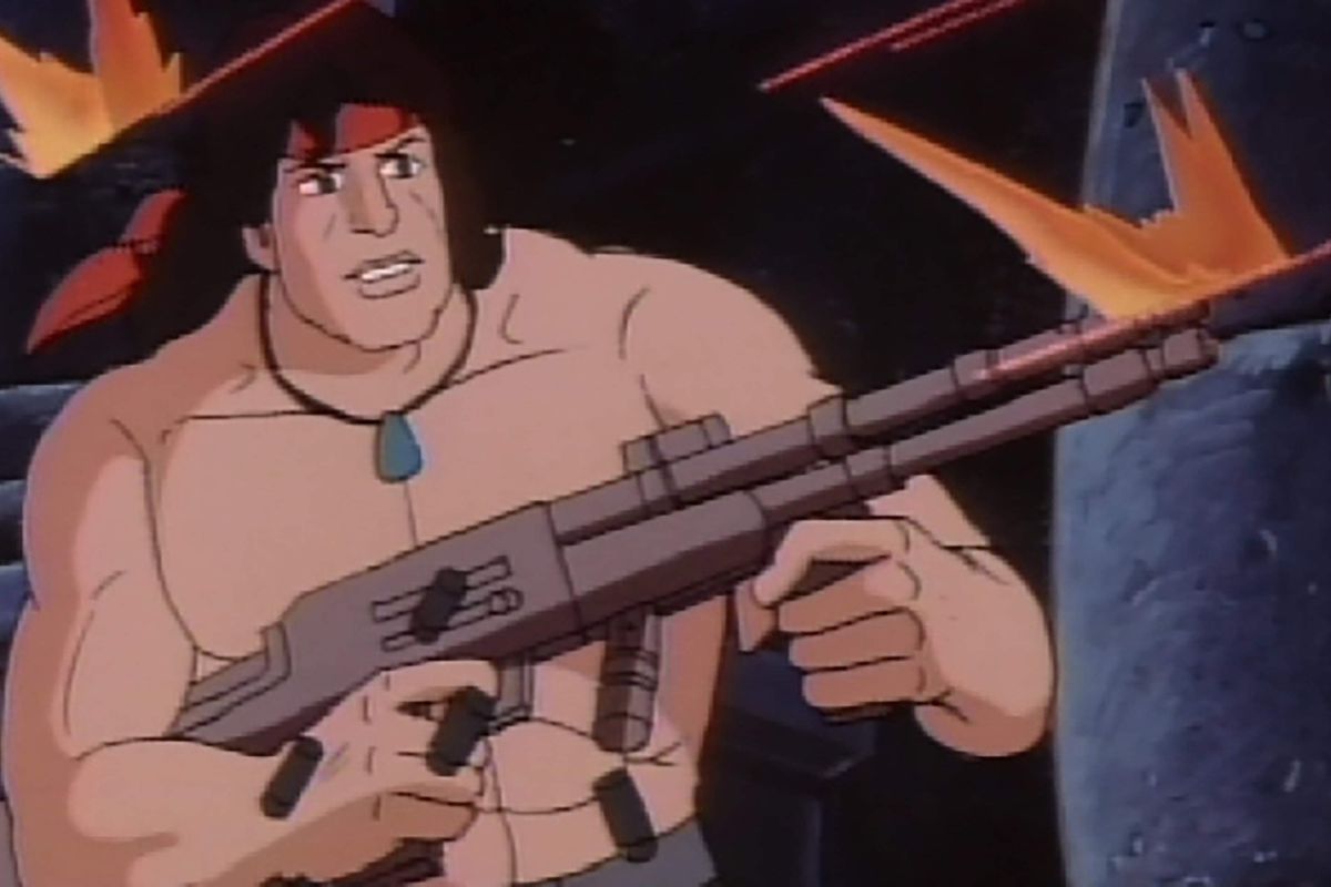 utterly ridiculous screenshot of the 1986 UHF afternoon cartoon “Rambo: The Force of Freedom” by Ruby-Spears Enterprises