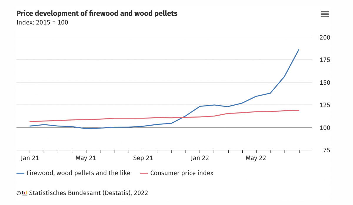 A chart showing the price of firewood far outpacing the overall consumer price index increases in Germany in 2022.
