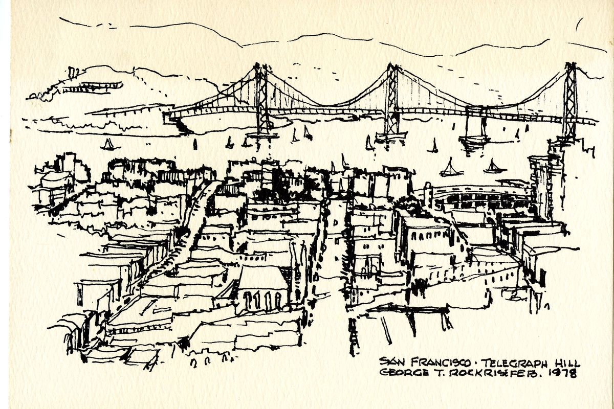 A holiday card by architect George Rockrise shows a San Francisco scene