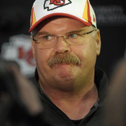 Kansas City Chiefs head coach Andy Reid speaks to media after the rookie mini camp at the University of Kansas Hospital Training Complex. 
