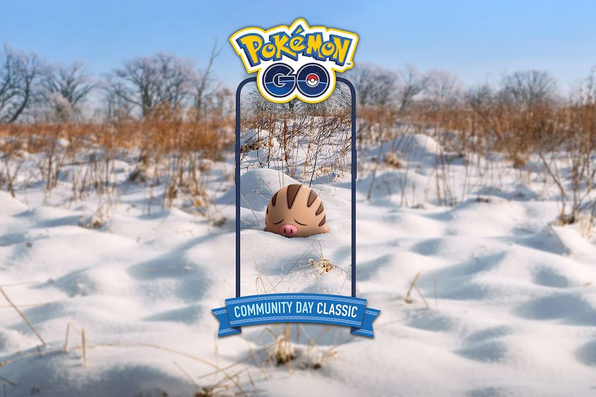 Swinub in the snow through the AR lens of a phone in Pokémon Go