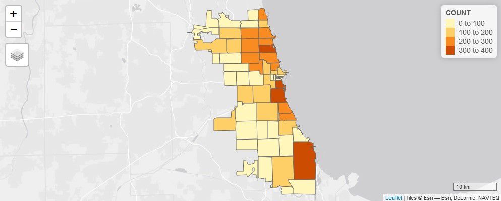 A map of Chicago shows which ZIP codes had more survey takers. Lakefront neighborhoods are darker orange indicating more respondents than more western parts of the city. 