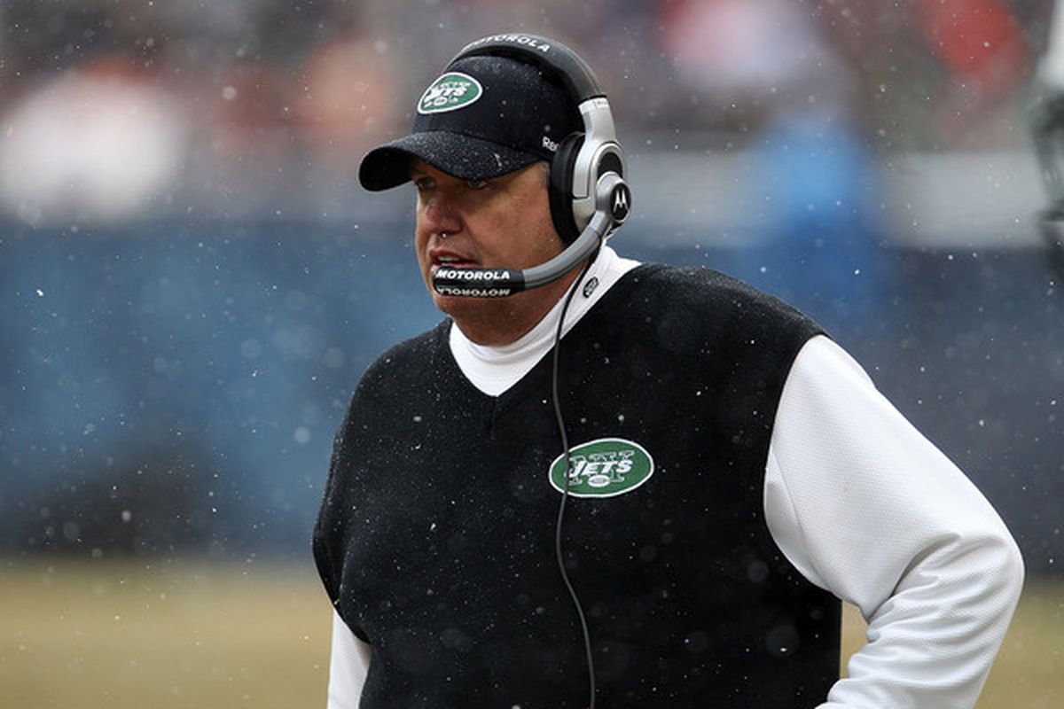 CHICAGO IL - DECEMBER 26: Head coach Rex Ryan of the New York Jets watches as his team takes on the Chicago Bears at Soldier Field on December 26 2010 in Chicago Illinois. The Bears defeated the Jets 38-34. (Photo by Jonathan Daniel/Getty Images)