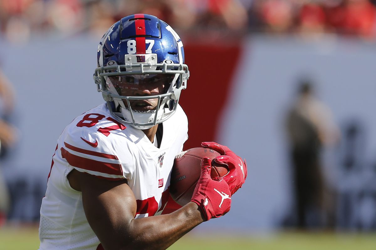 Wide receiver Sterling Shepard #87 of the New York Giants runs with the ball after a reception during the game against the Tampa Bay Buccaneers at Raymond James Stadium on September 22, 2019 in Tampa, Florida.