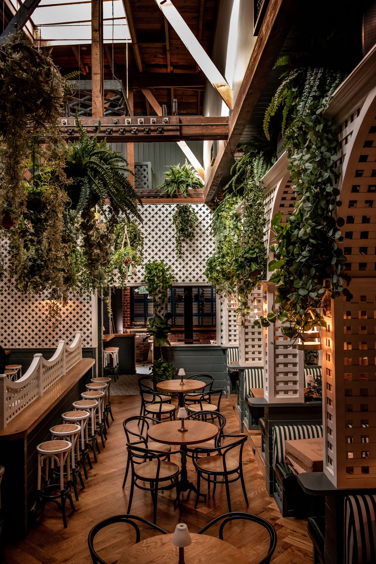 A vertical view of a leafy and wood-lined English-style restaurant and bar with tall ceilings and a skylight.