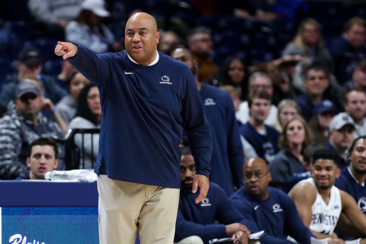 Dec 18, 2022; University Park, Pennsylvania, USA; Penn State Nittany Lions head coach Micah Shrewsberry gestures from the bench during the second half against the Canisius Golden Griffins at Bryce Jordan Center. Penn State defeated Canisius 97-67.
