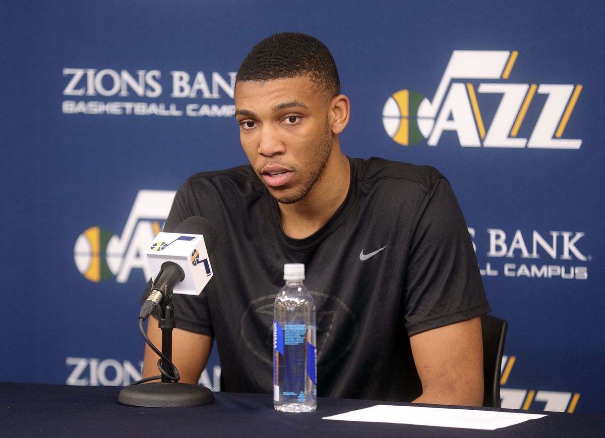 Tony Bradley talks to members of the media at the Zions Bank Basketball Center in Salt Lake City on Thursday, April 25, 2019. The Utah Jazz season ended with Wednesday's loss to Houston in the playoffs.