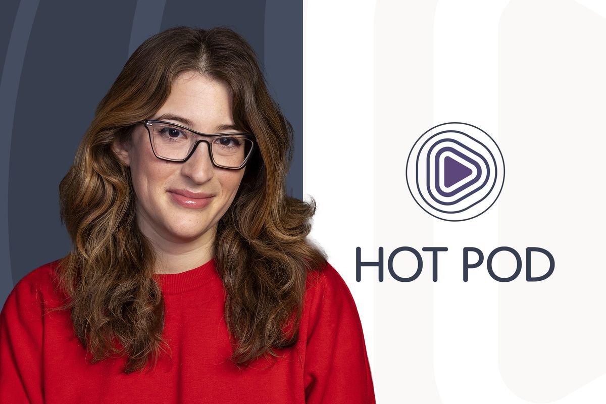 Ashley Carman, editor of Hot Pod, pictured next to the hot pod logo 