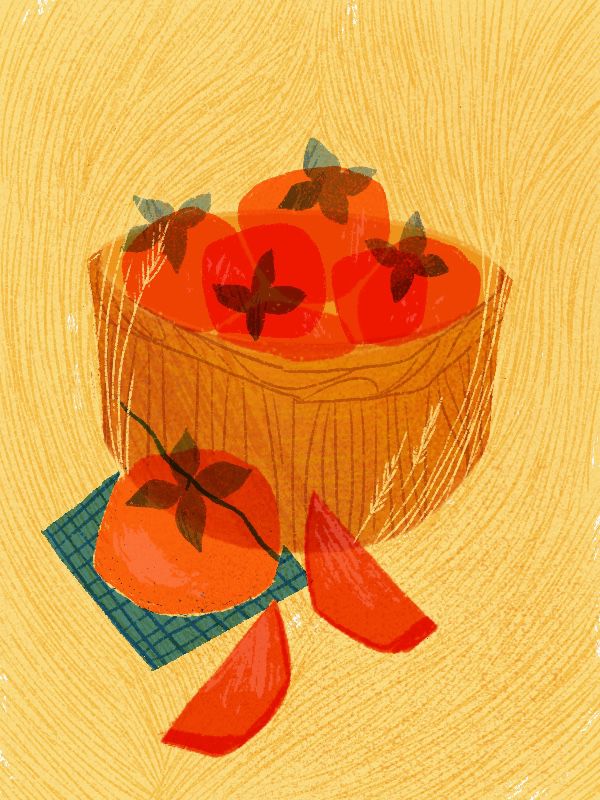 A smiling woman in a bright red apron and wide-brimmed hat stands beneath a persimmon tree. One of her hands stretches towards the fruit; the other holds a basket of persimmons. Illustration.