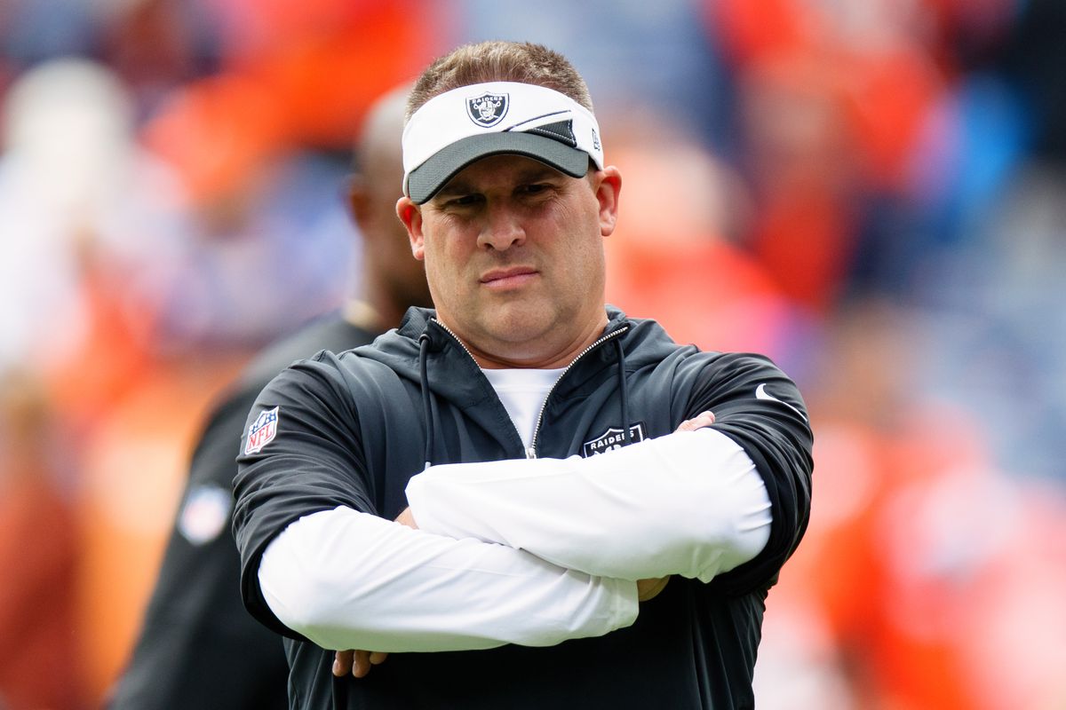 Head Coach Josh McDaniels looks on from the field before a game against the Denver Broncos at Empower Field at Mile High on September 10, 2023 in Denver, Colorado.