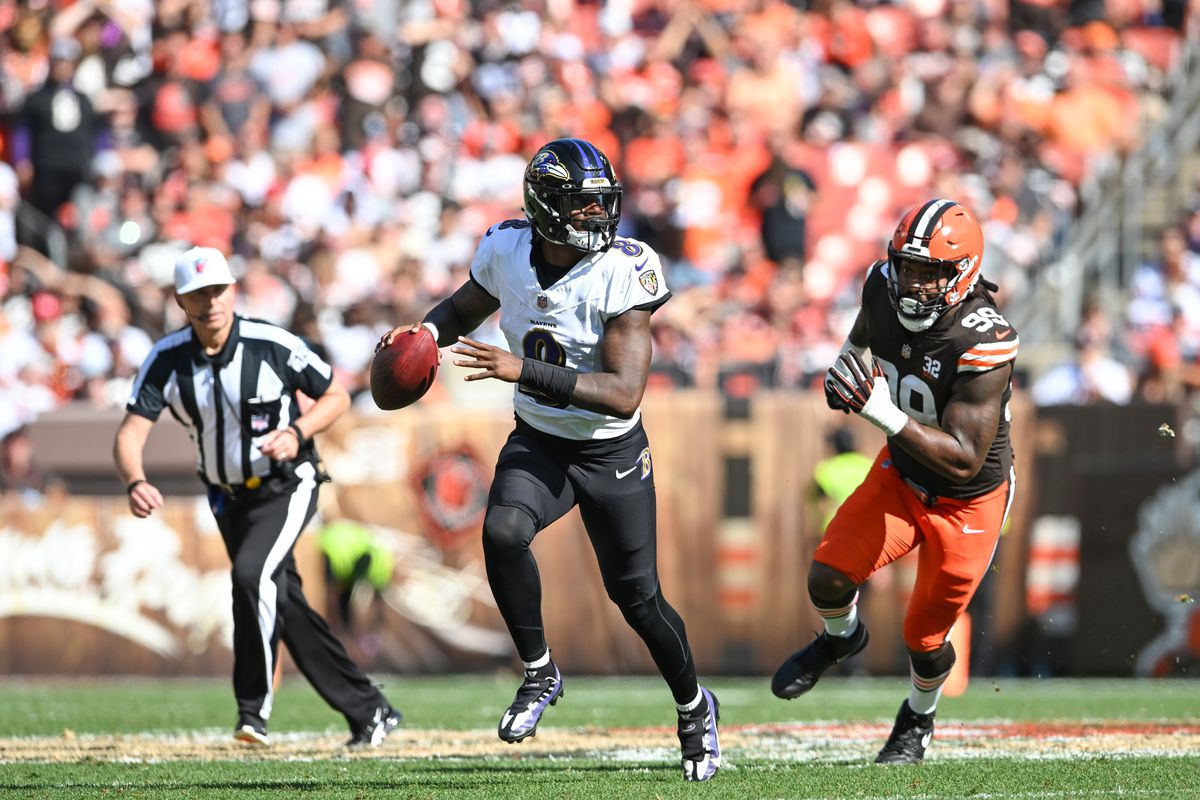 Lamar Jackson #8 of the Baltimore Ravens looks to pass during the second half against the Cleveland Browns at Cleveland Browns Stadium on October 01, 2023 in Cleveland, Ohio.