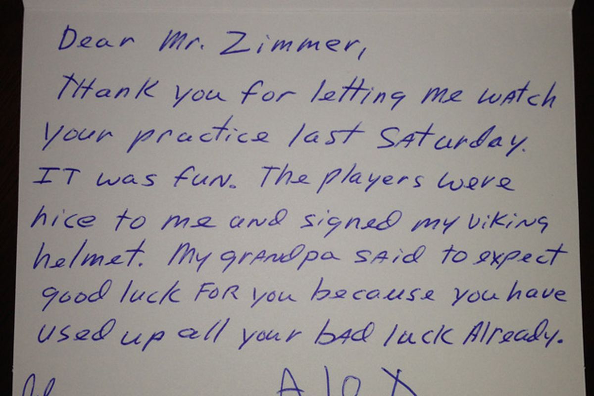 The thank you that Alex Loehlein sent to Mike Zimmer. Pretty awesome.