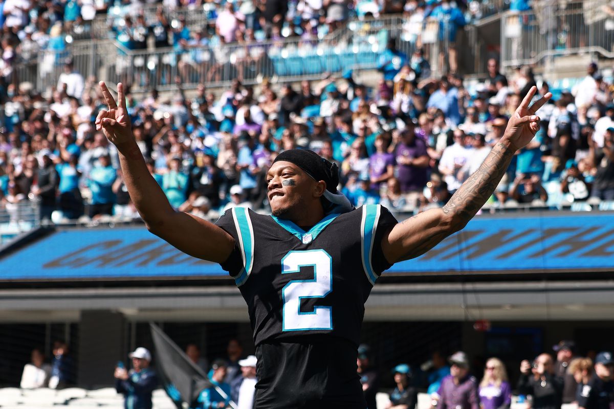 D.J. Moore #2 of the Carolina Panthers is introduced during their game against the Minnesota Vikings at Bank of America Stadium on October 17, 2021 in Charlotte, North Carolina.