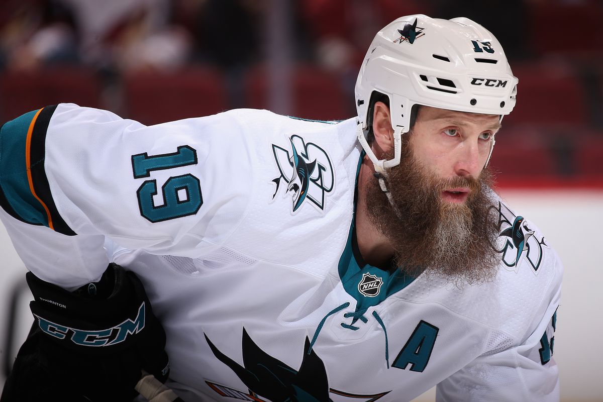 GLENDALE, AZ - JANUARY 16: Joe Thornton #19 of the San Jose Sharks awaits a face off during the first period of the NHL game against the Arizona Coyotes at Gila River Arena on January 16, 2018 in Glendale, Arizona. The Sharks defeated the Coyotes 3-2 in a