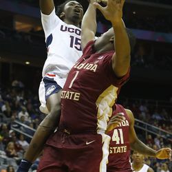 The Florida State Seminoles take on the UConn Huskies in a men’s college basketball game in the Never Forget Tribute Classic at Prudential Center in Newark, NJ on December 8 2018.