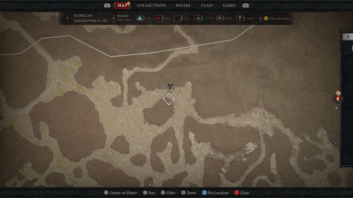A map of Scosglen in Sanctuary showing the 10th Altar of Lilith in Diablo 4