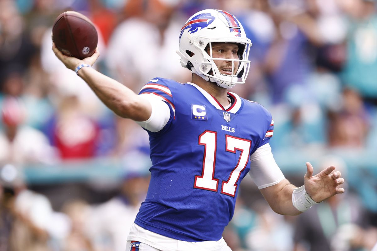Quarterback Josh Allen of the Buffalo Bills passes the ball in the first half of the game against the Miami Dolphins at Hard Rock Stadium on September 19, 2021 in Miami Gardens, Florida.