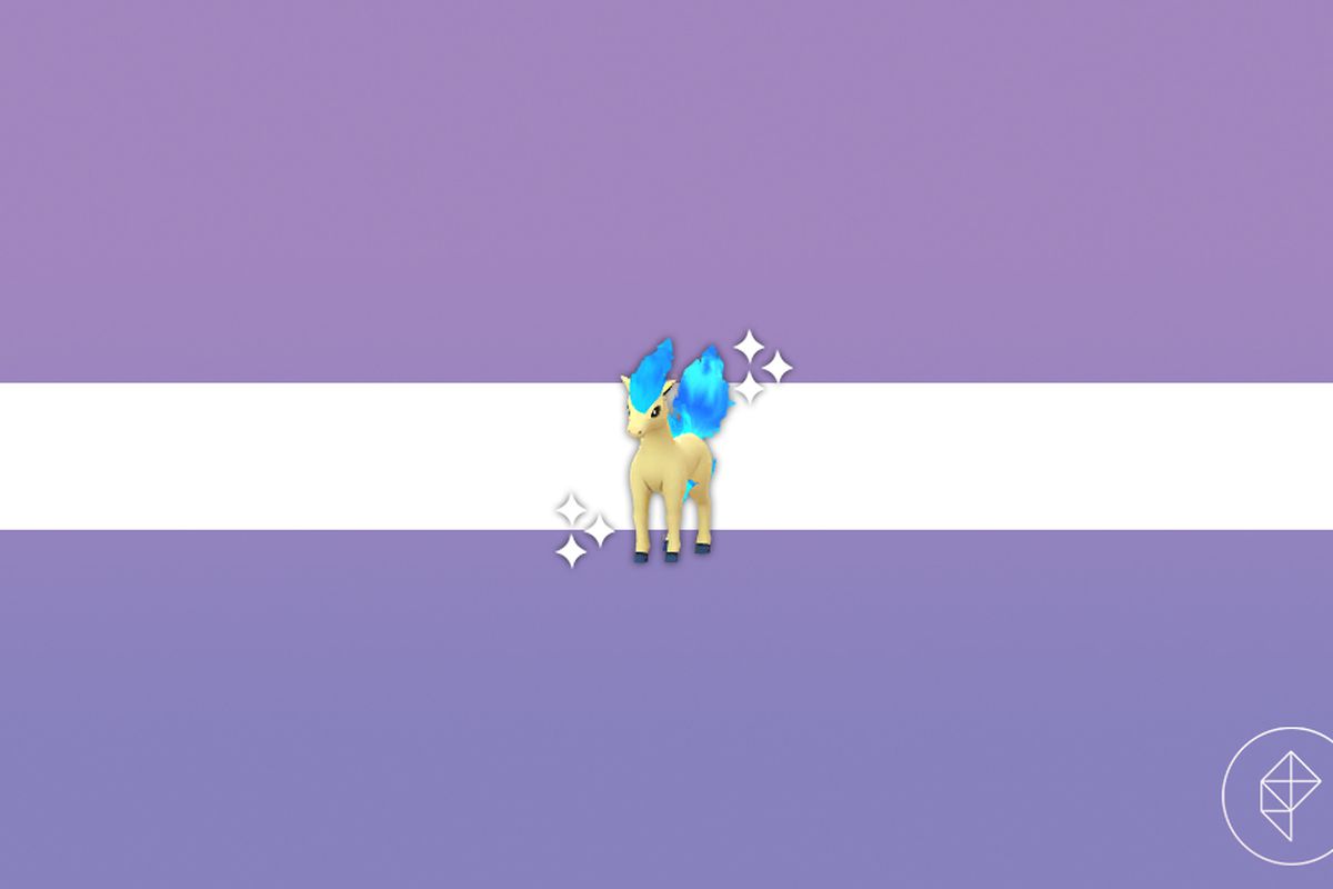 Shiny Ponyta in Pokémon Go on a purple gradient background