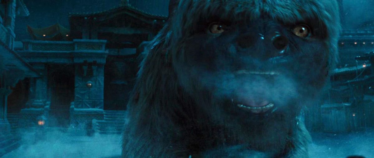 Appa, with his piercing eyes and weirdly human teeth, roars in the 2010 Avatar: The Last Airbender movie.