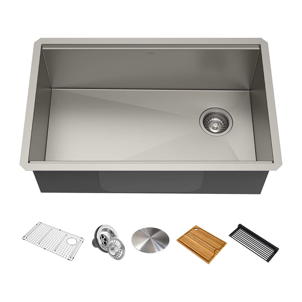 Kraus undermount stainless steel kitchen sink with featured accessories