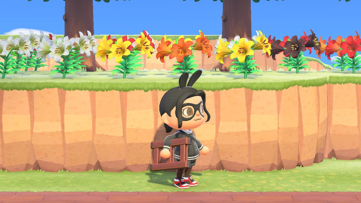 An Animal Crossing character carrying a ladder stands in front of a flower-filled cliff