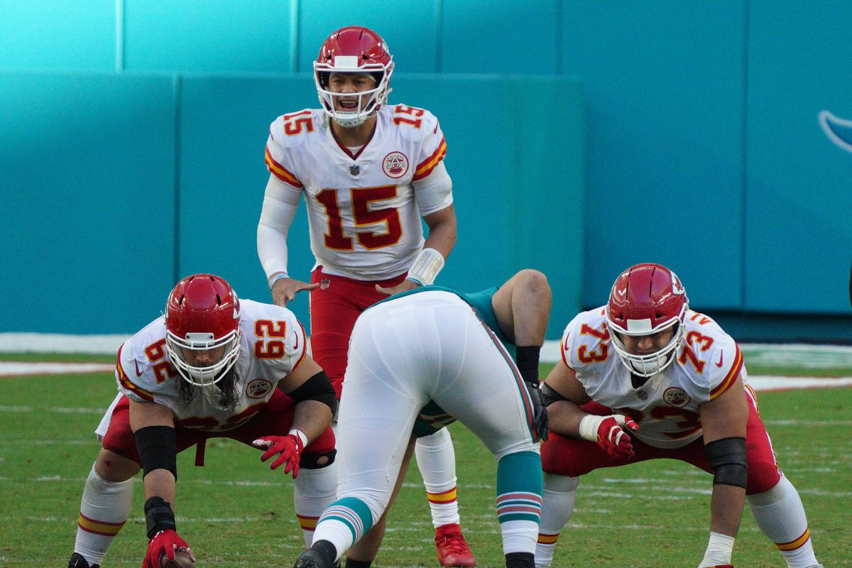 Patrick Mahomes #15 of the Kansas City Chiefs in action against the Miami Dolphins at Hard Rock Stadium on December 13, 2020 in Miami Gardens, Florida.