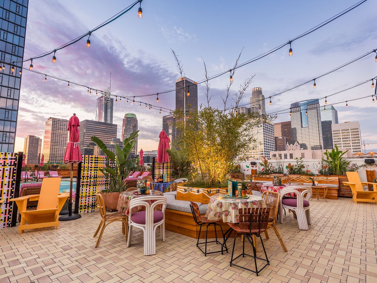 A rooftop bar with views of Downtown Los Angeles.