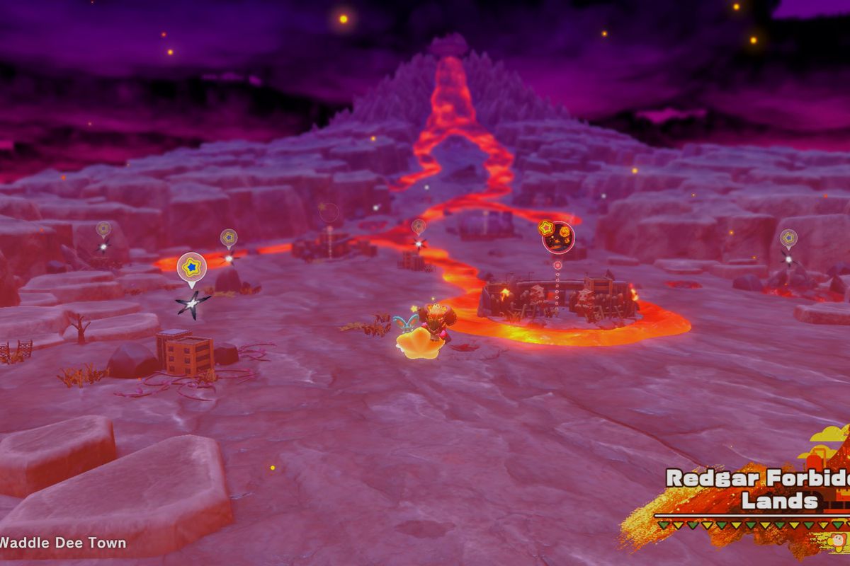 Kirby flies on a warp star above the Redgar Forbidden Lands