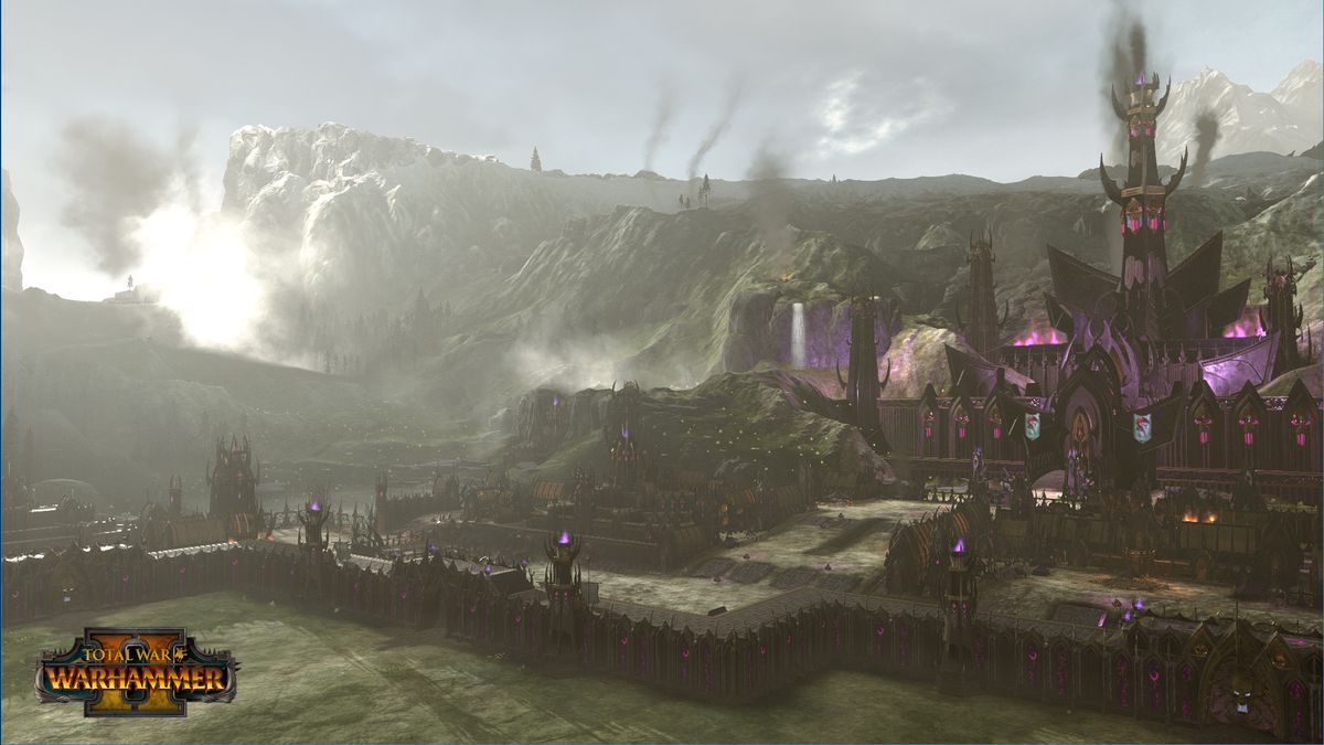 Smoke billows over a grim black set of palisades and castle walls accented by purple lighting.